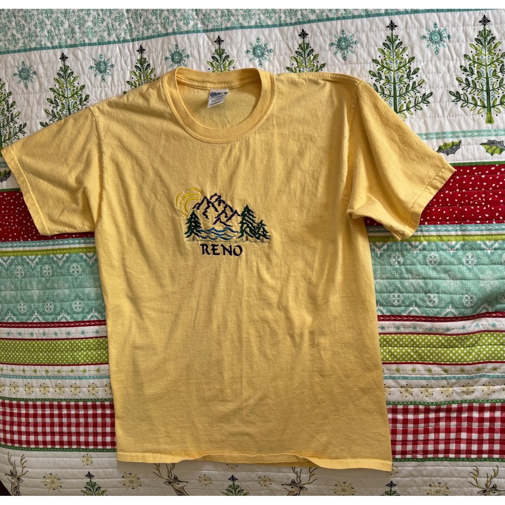 Embroidered Reno Mountain T-Shirt | Cottagecore Unisex Yellow Travel | Outdoorsy